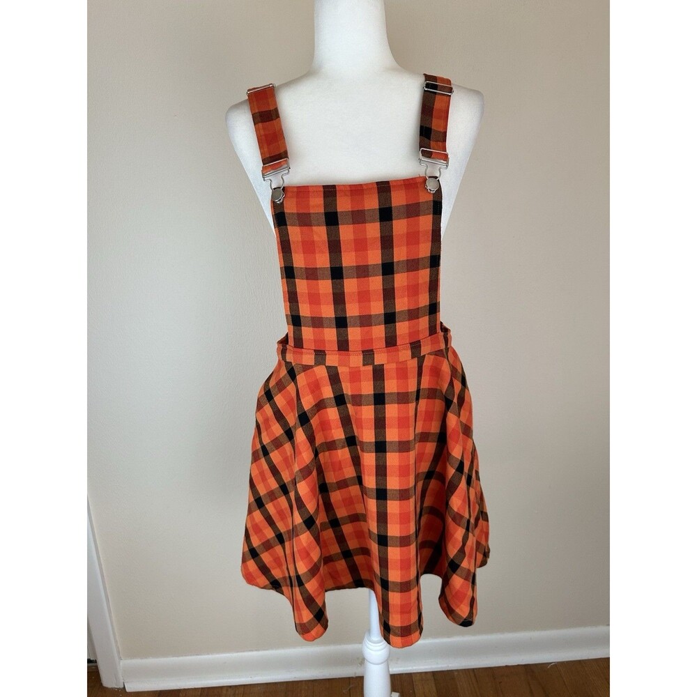 Hot Topic Bib Overall Dress Grunge Sz M Orange Plaid Mini Academia Cosplay Anime